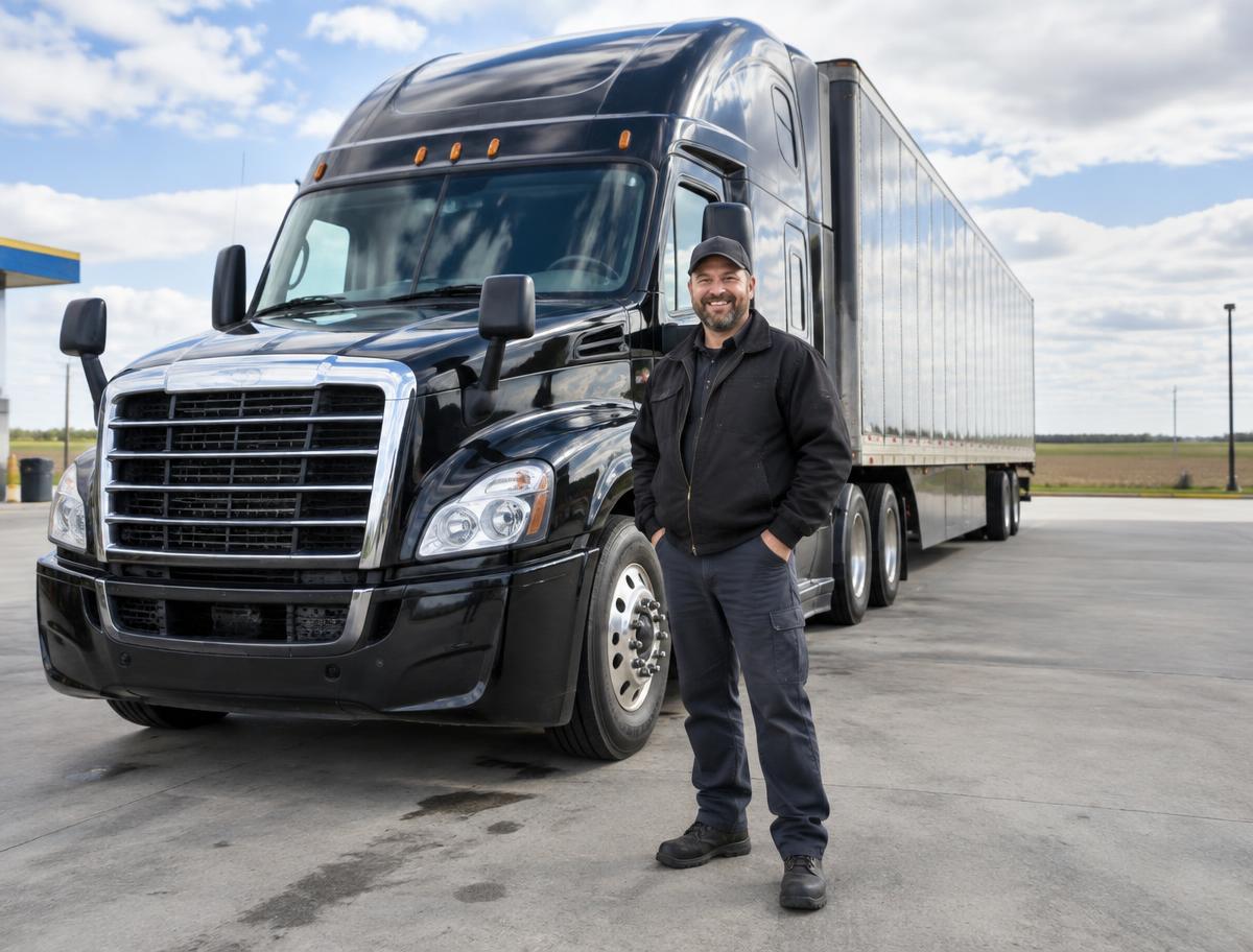 Professional driver standing beside a semi truck